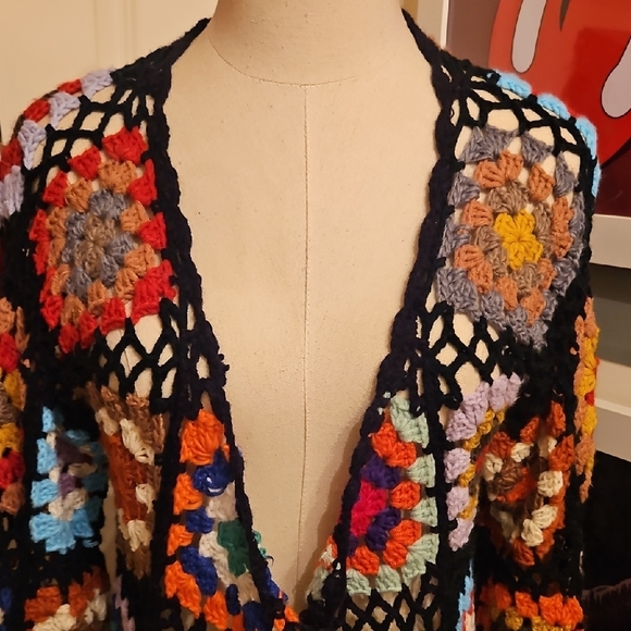 Colorful Crochet Open-Front Long Maxi Hand Crafted Cardigan - Picture 2 of 10